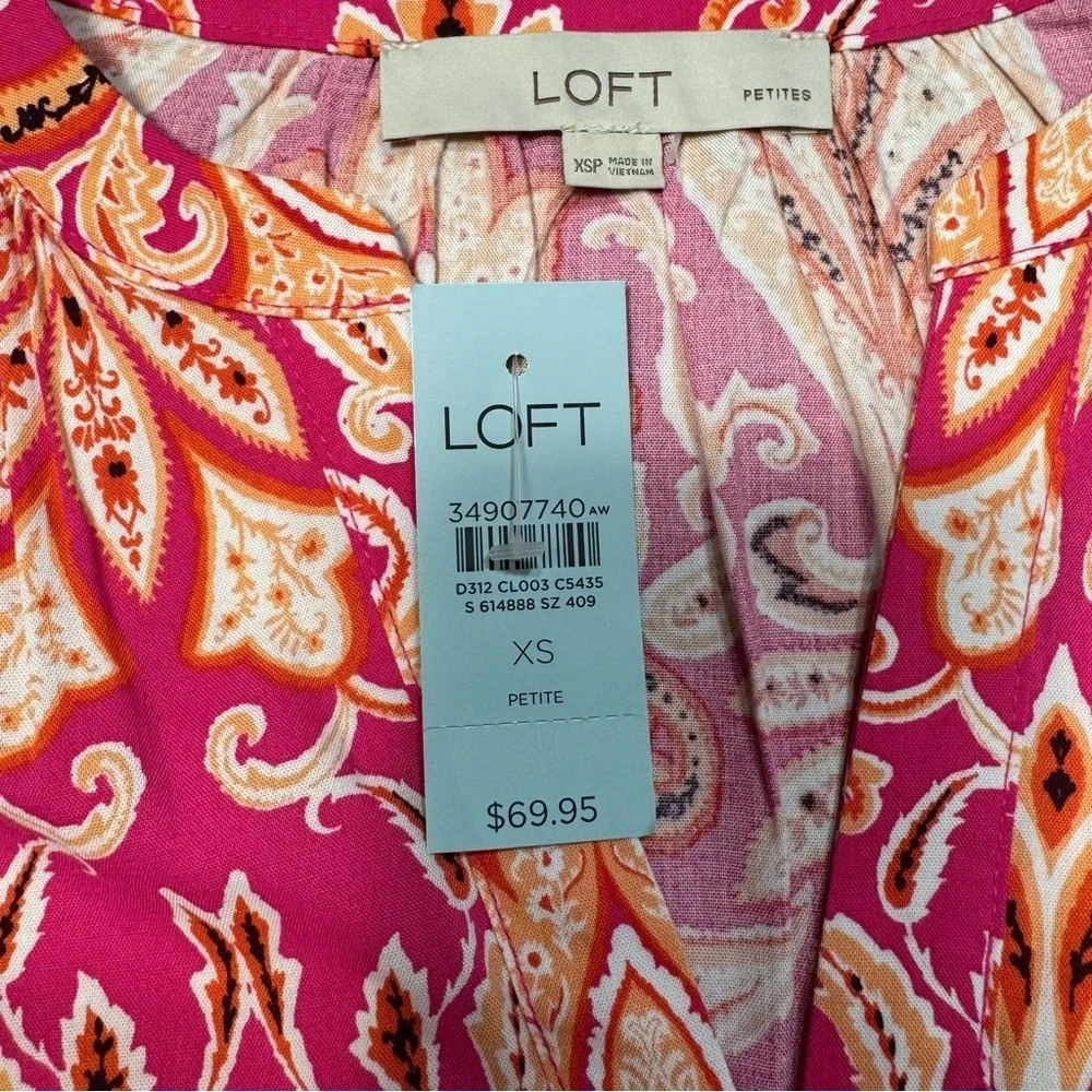 NWT New LOFT Paisley Smocked Cuff V-Neck Cotton Blend Blouse Size XS